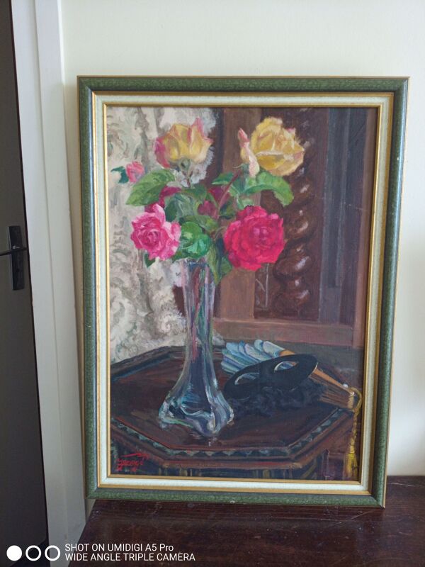 Huile sur toile 54x37 / bouquet de fleur et masque jeanne janoge (1890-?)