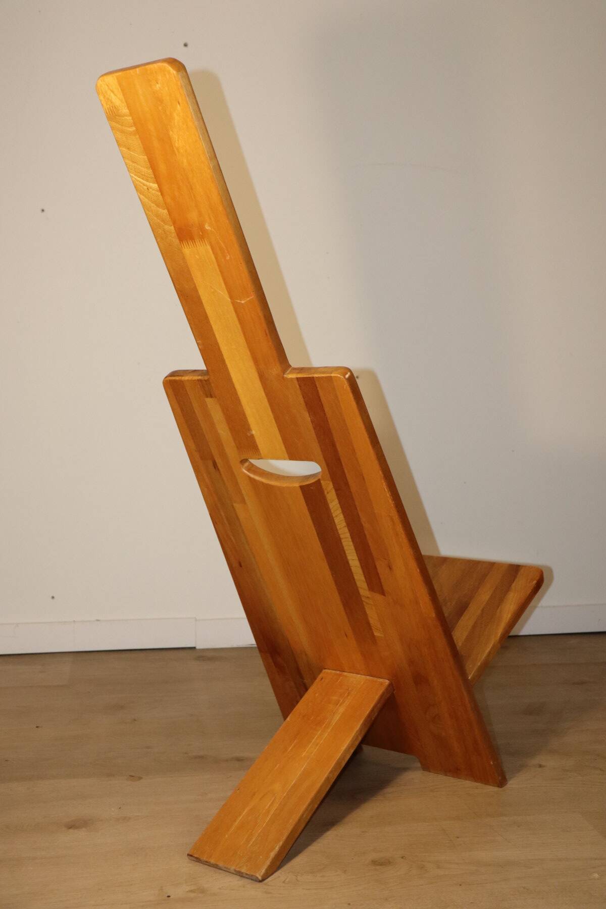 Sculptural brutalist armchair in solid elm, 1980.