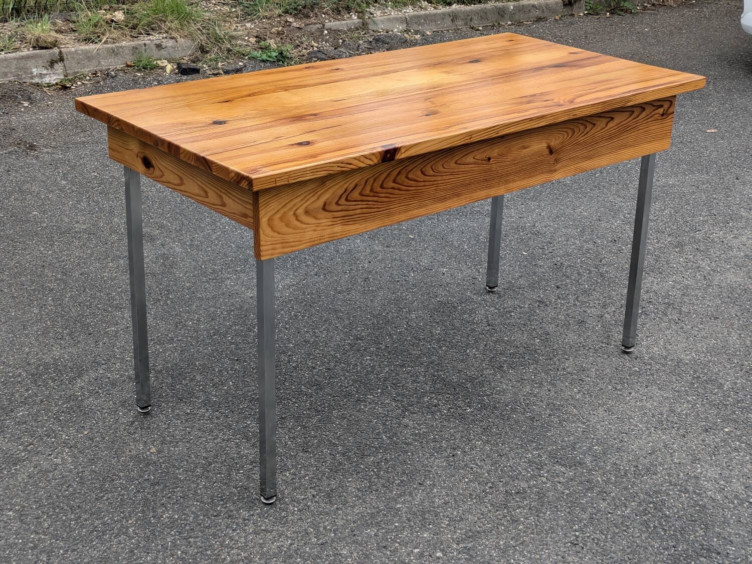 Vintage solid pine & chrome steel desk, 1970s