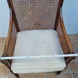 Vintage armchair in turned wood and cane, upholstered seat, 1940s