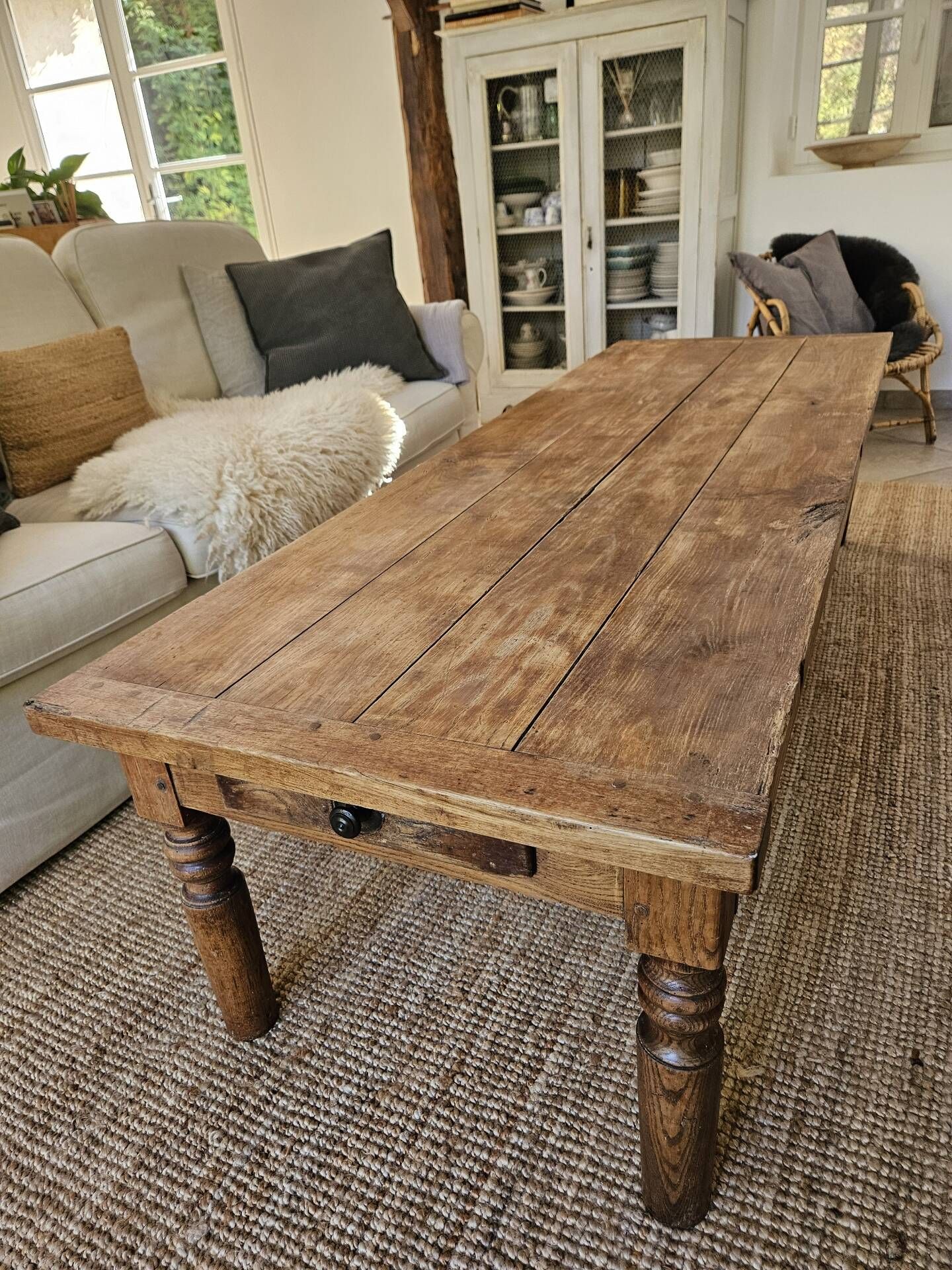 XXL coffee table in solid raw elm wood with 2 drawers, rustic antique.