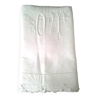 Antique linen sheet monogrammed OT, Flap decoration 1.90 x 3.10 m