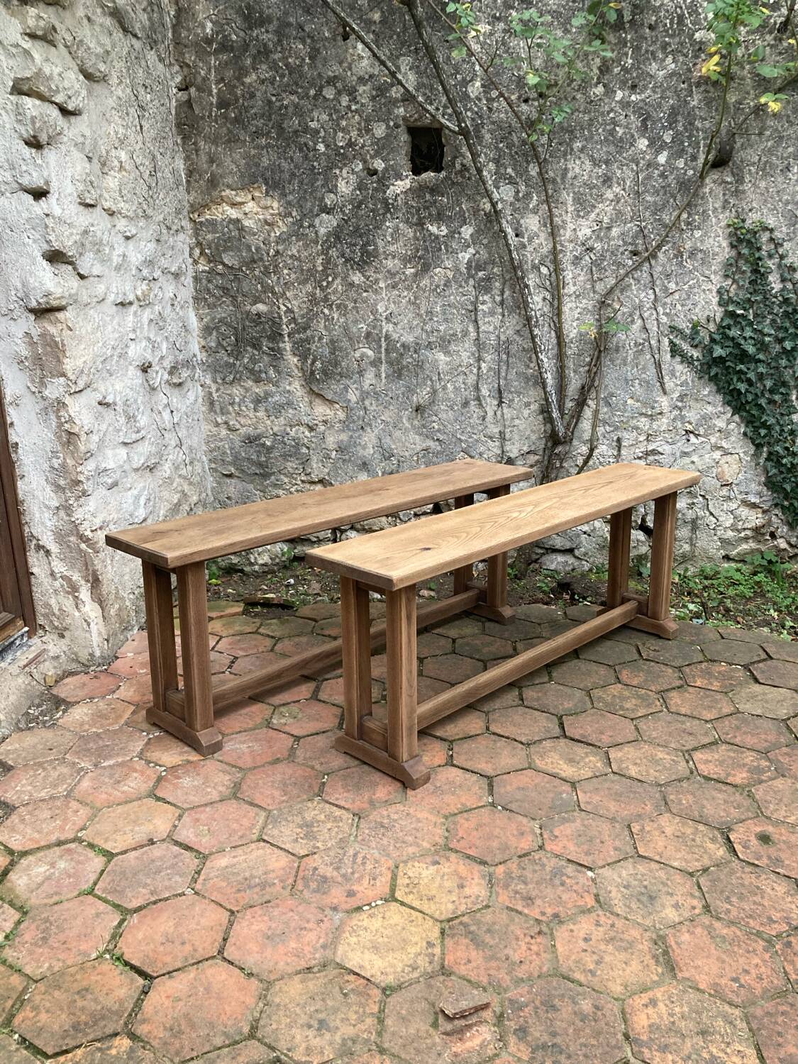 Pair of antique solid oak benches