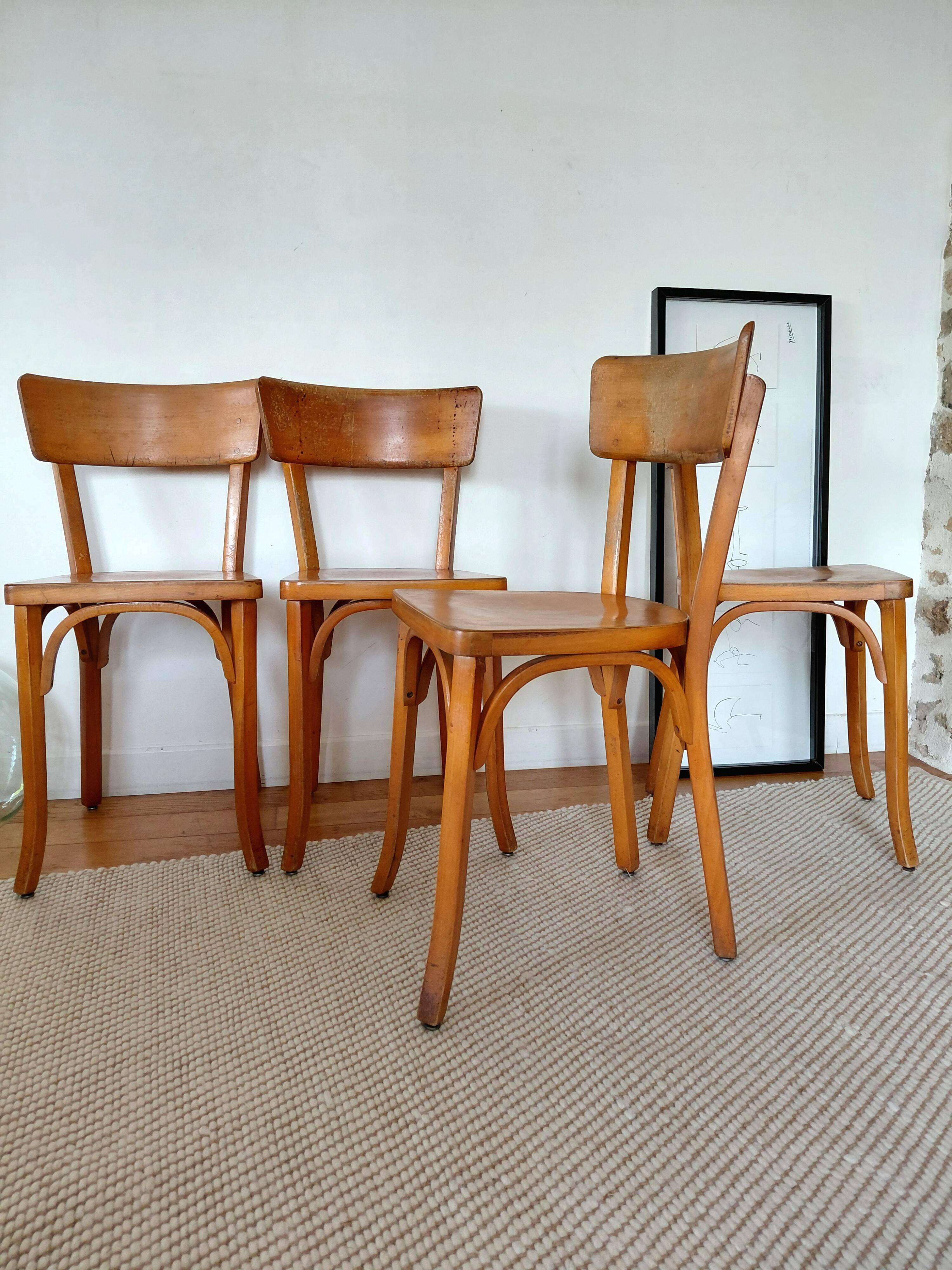 Rare set of 4 Baumann bistro chairs - branded with a hot iron (1930s/40s)