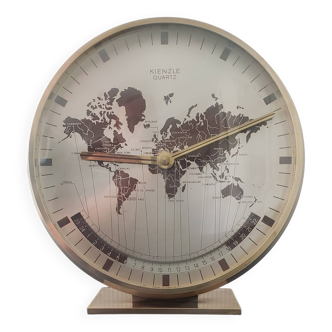 Grande pendule kienzle world timer quartz en laiton doré 18x19cm