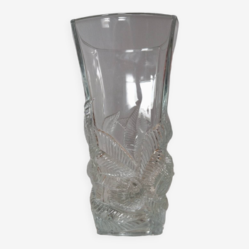 Vase transparent style art nouveau, décor feuilles châtaigniers en relief, 1970s