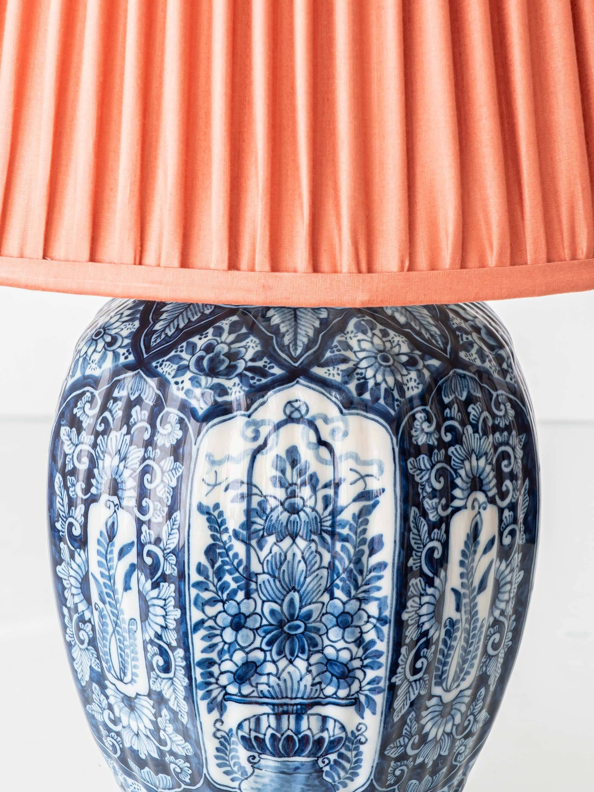 Dutch Chinoiserie Table Lamp, Blue and White Delft, by Makkum, with a New Coral Silk Shade