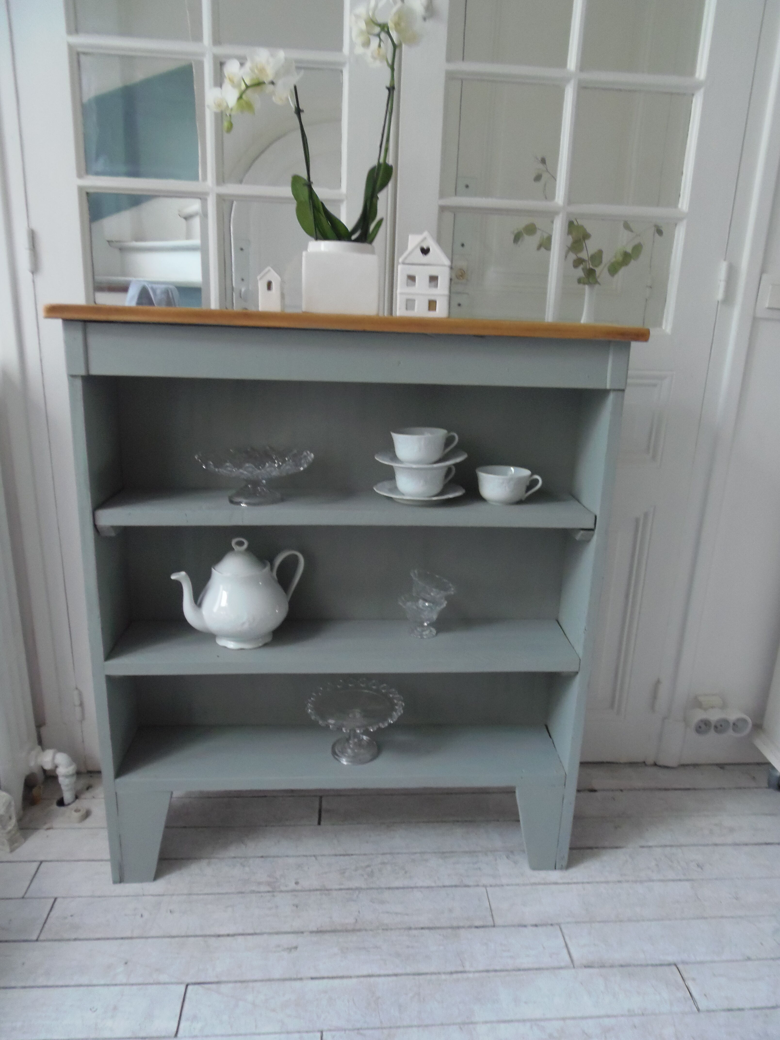 Vintage pearl grey green bookcase, 2 shelves, pitchpin top