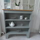 Vintage pearl grey green bookcase, 2 shelves, pitchpin top