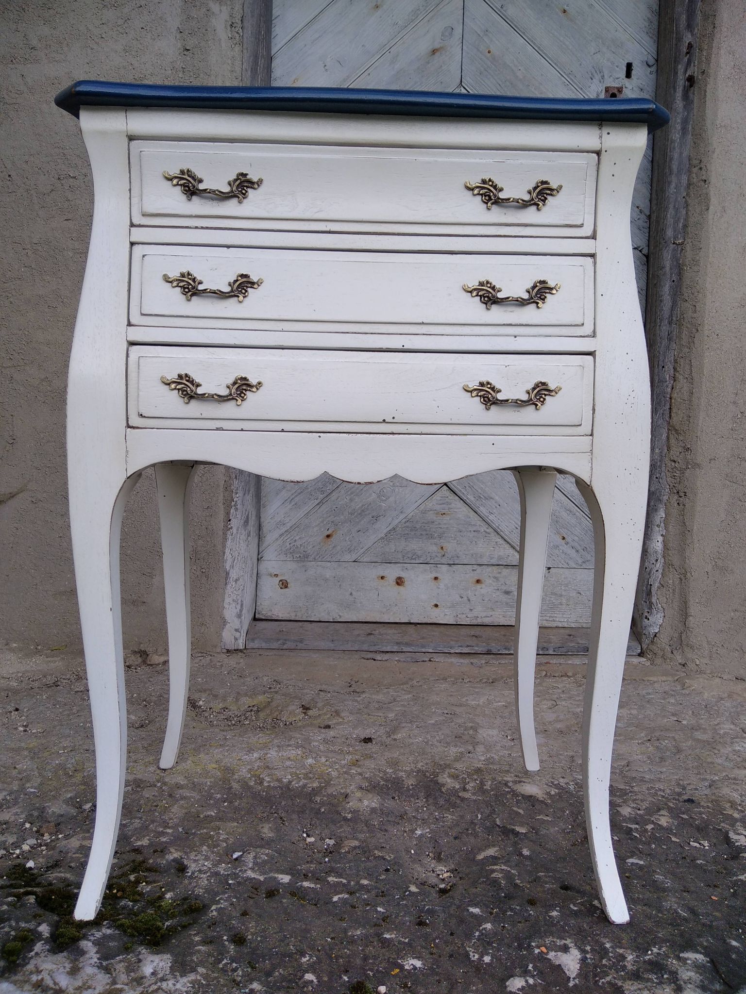 Louis XV three-drawer chest of drawers with white and blue patina