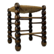 Brutalist wood turned bobbin rush stool in the style of Charles Dudouyt