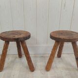 Pair of brutalist hardwood tripod stools solid wood