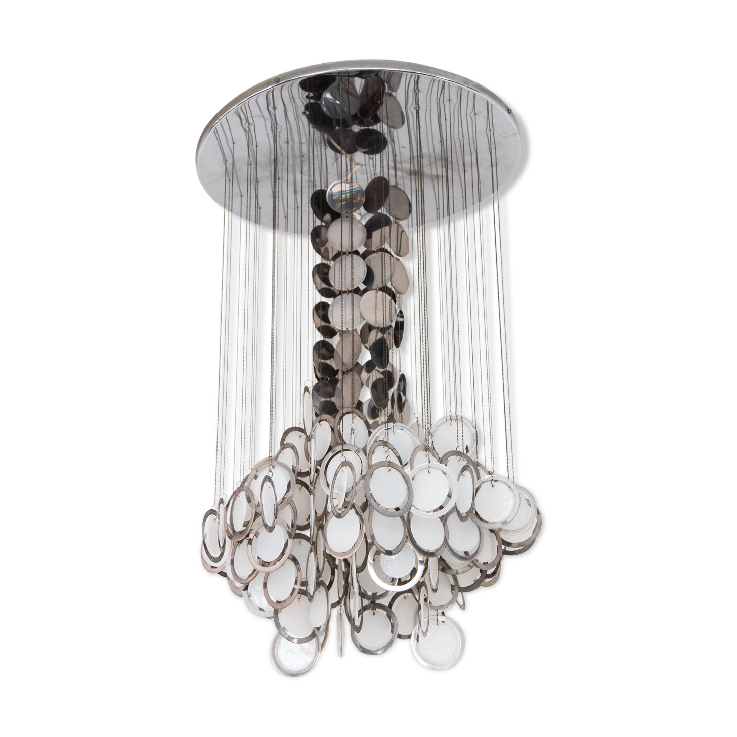 Vistosi opal glass and chrome discs Chandelier, Murano, Italy, 1960
