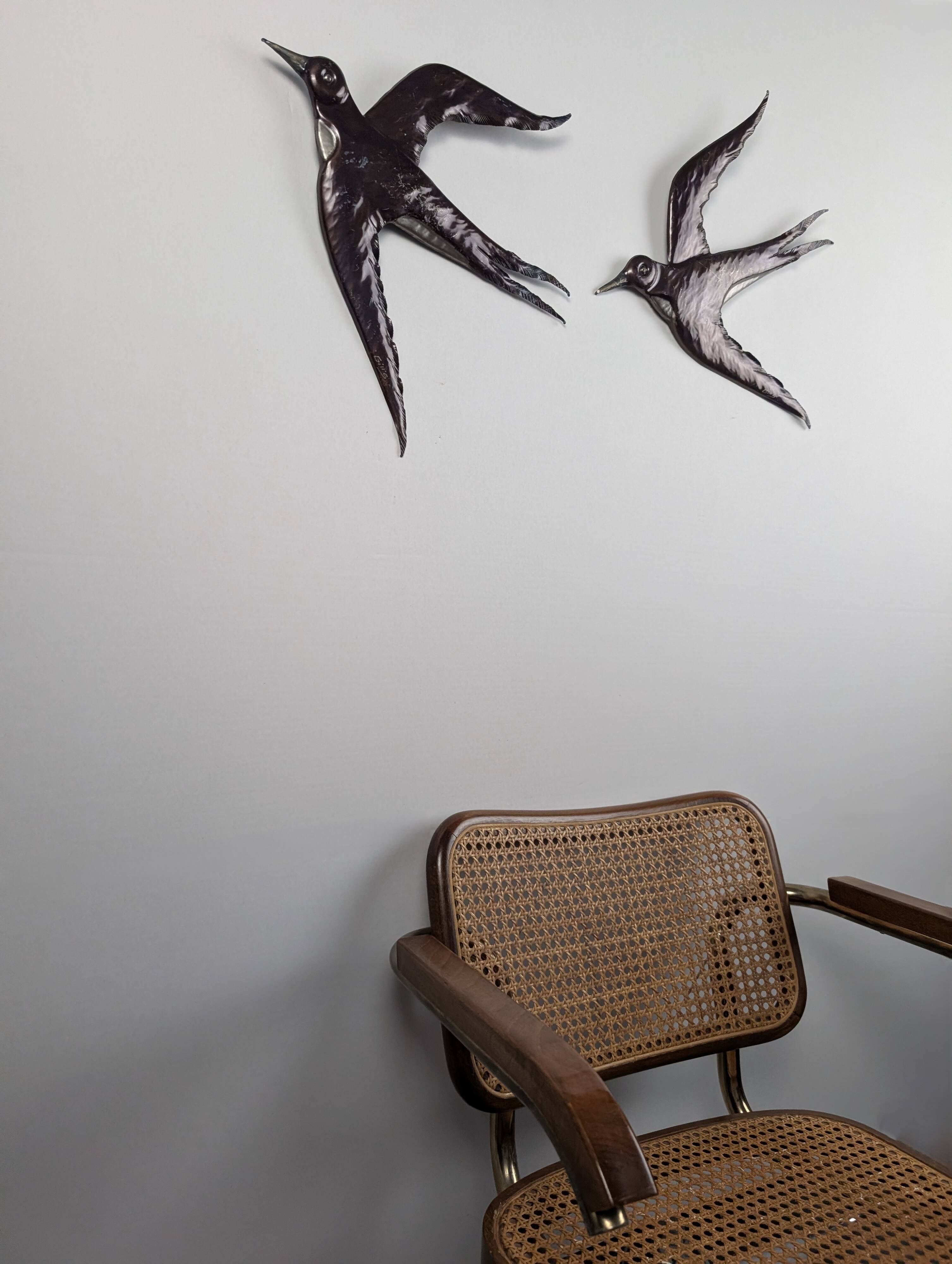 Pair of Metal Wall Sculptures Swallows, Signed, 1970s