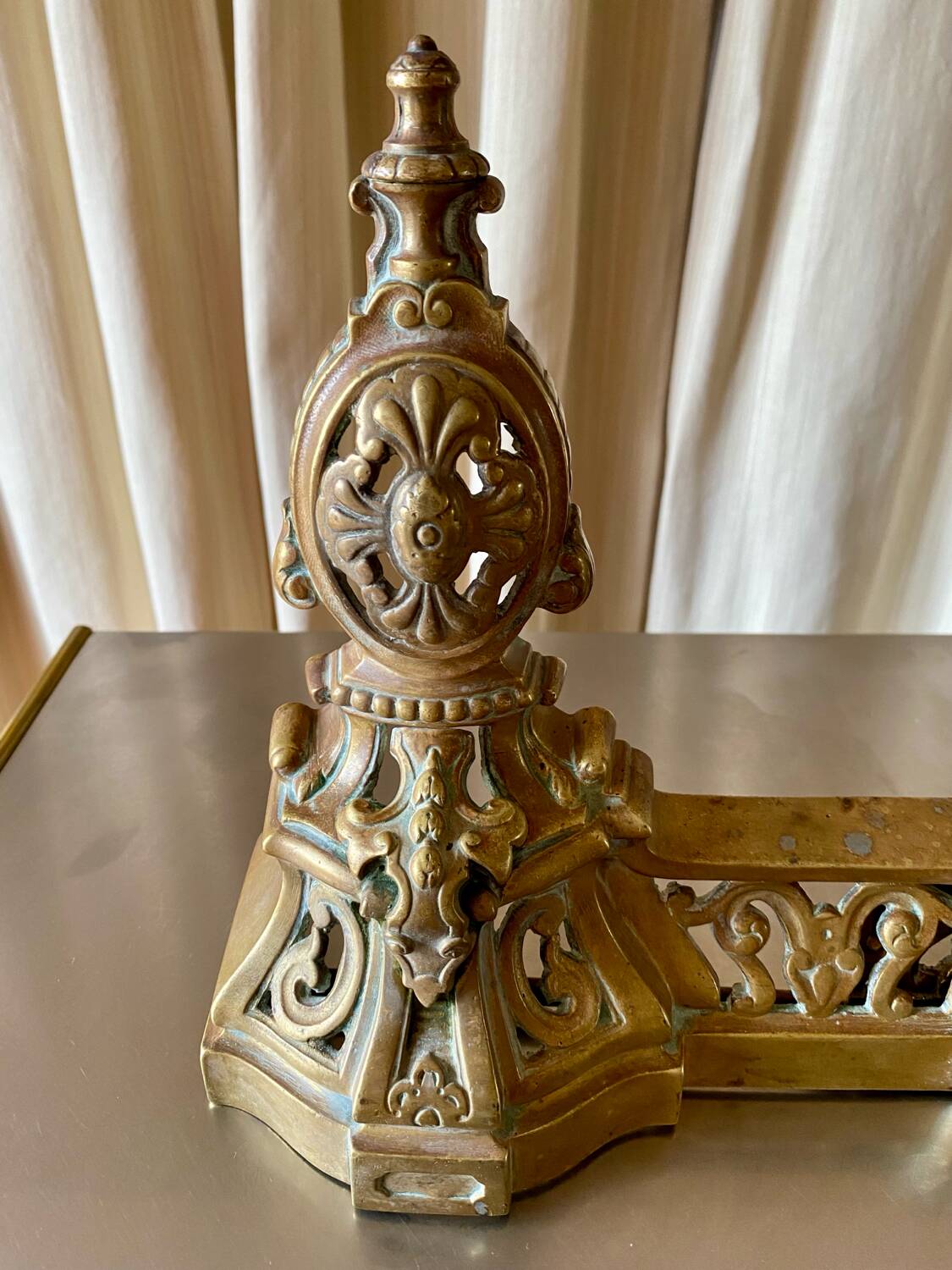 3 gilded bronze fireplace accessories 2 andirons and 1 fire bar