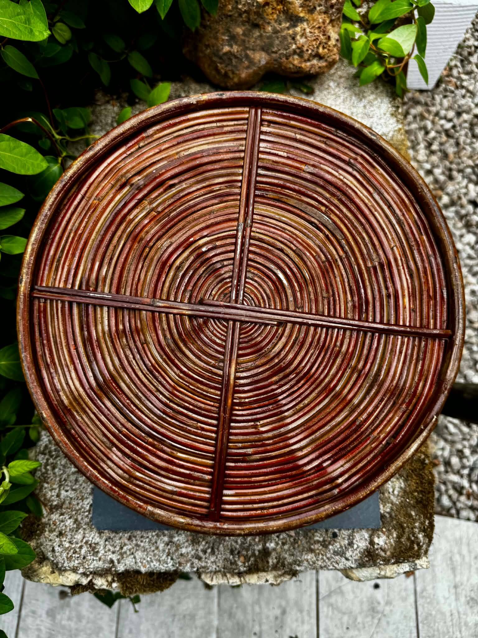 Gabriella Crespi vintage rattan and brass plateau from the 1960s.