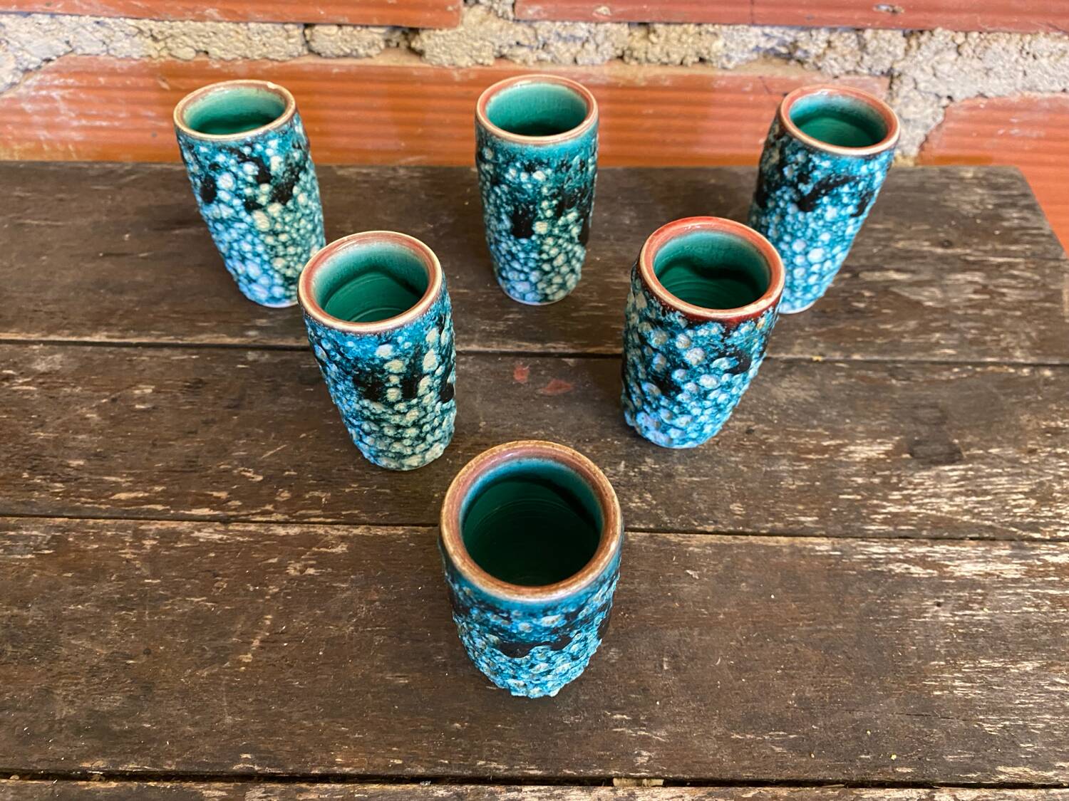 Set of 6 antique cyclops liqueur glasses by charles cart, fat lava ceramic