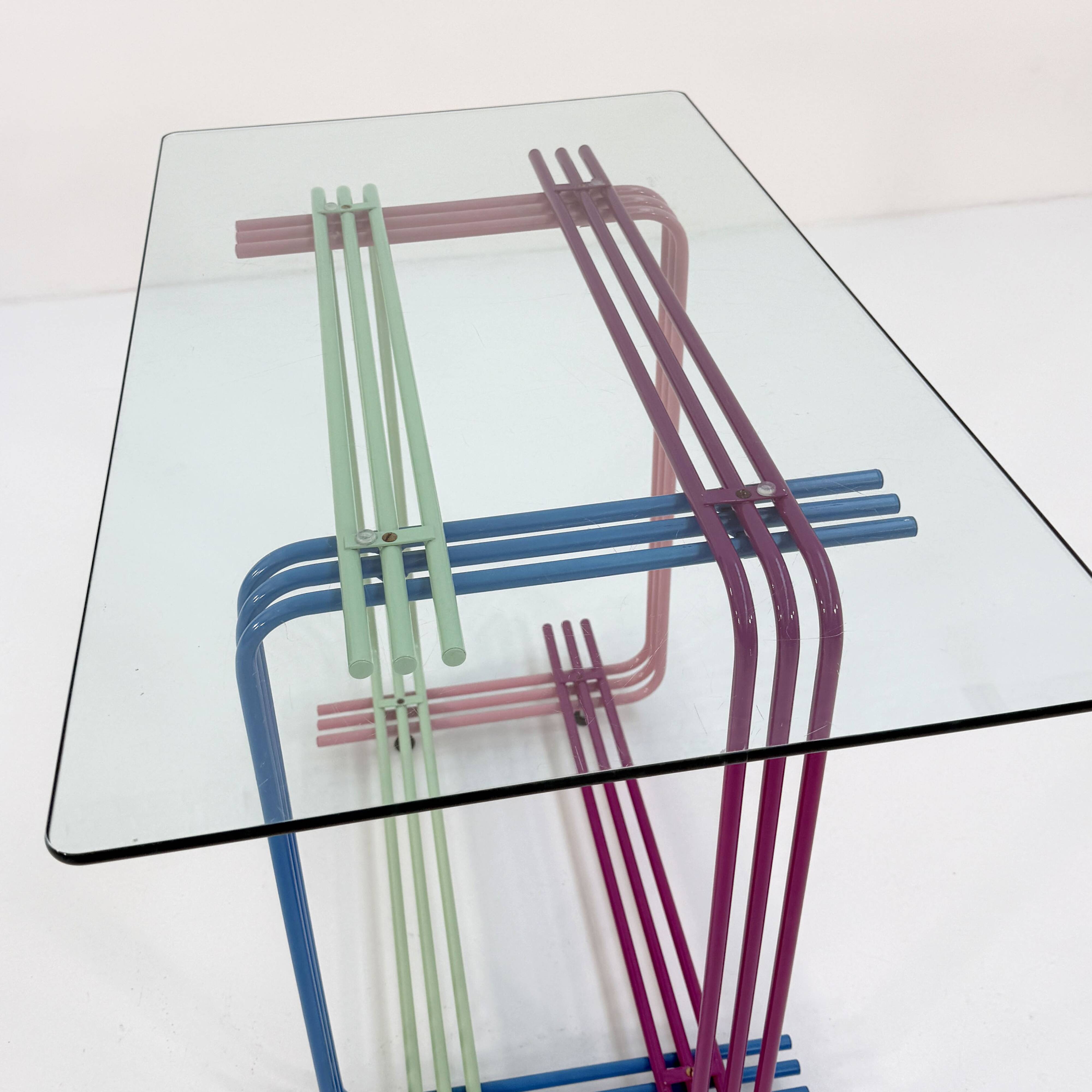 Multicolored metal and glass console, 1980