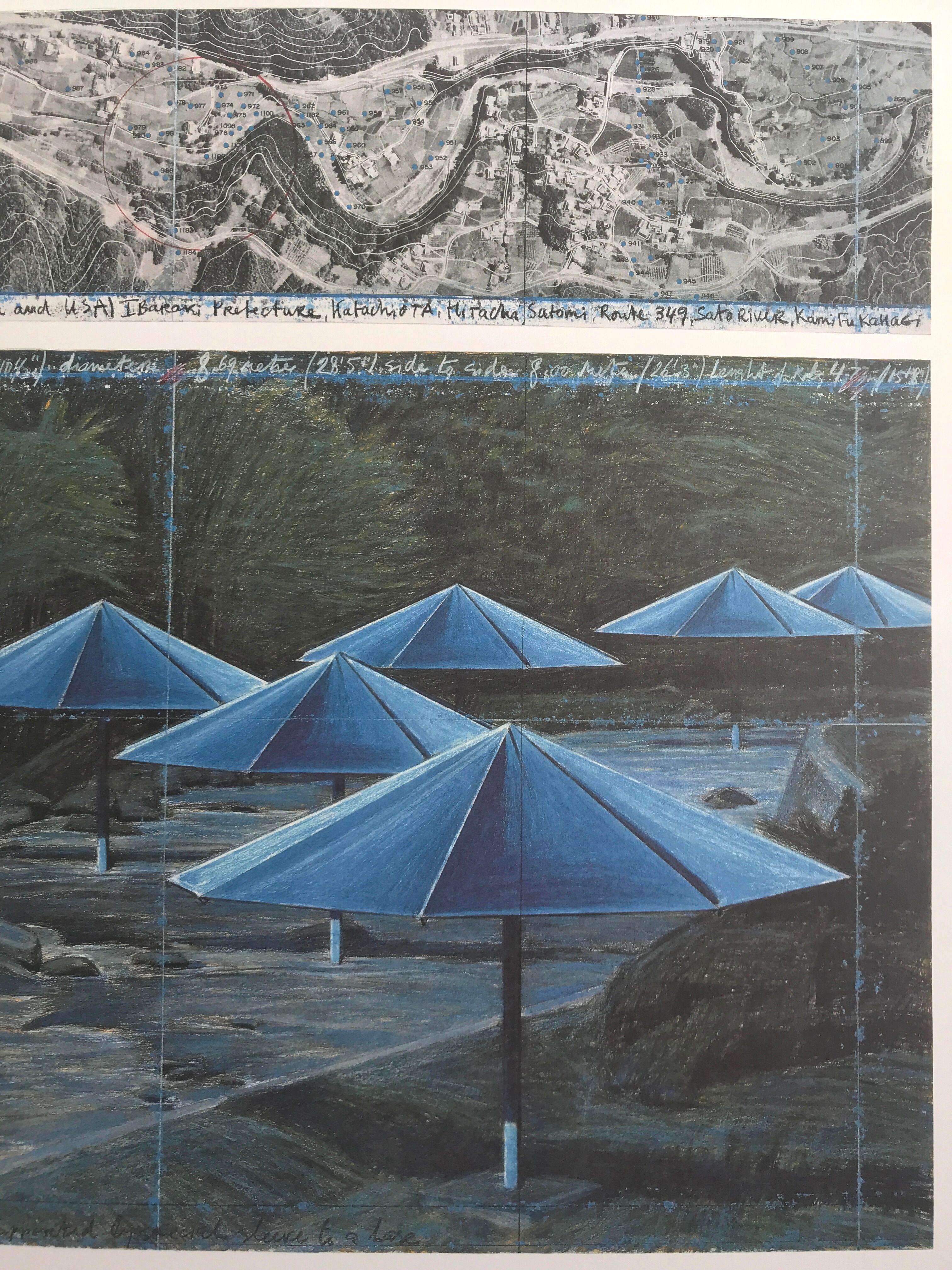 Lithographie sur carton de Christo, Les Parapluies, Japon - Etats-Unis, 1991