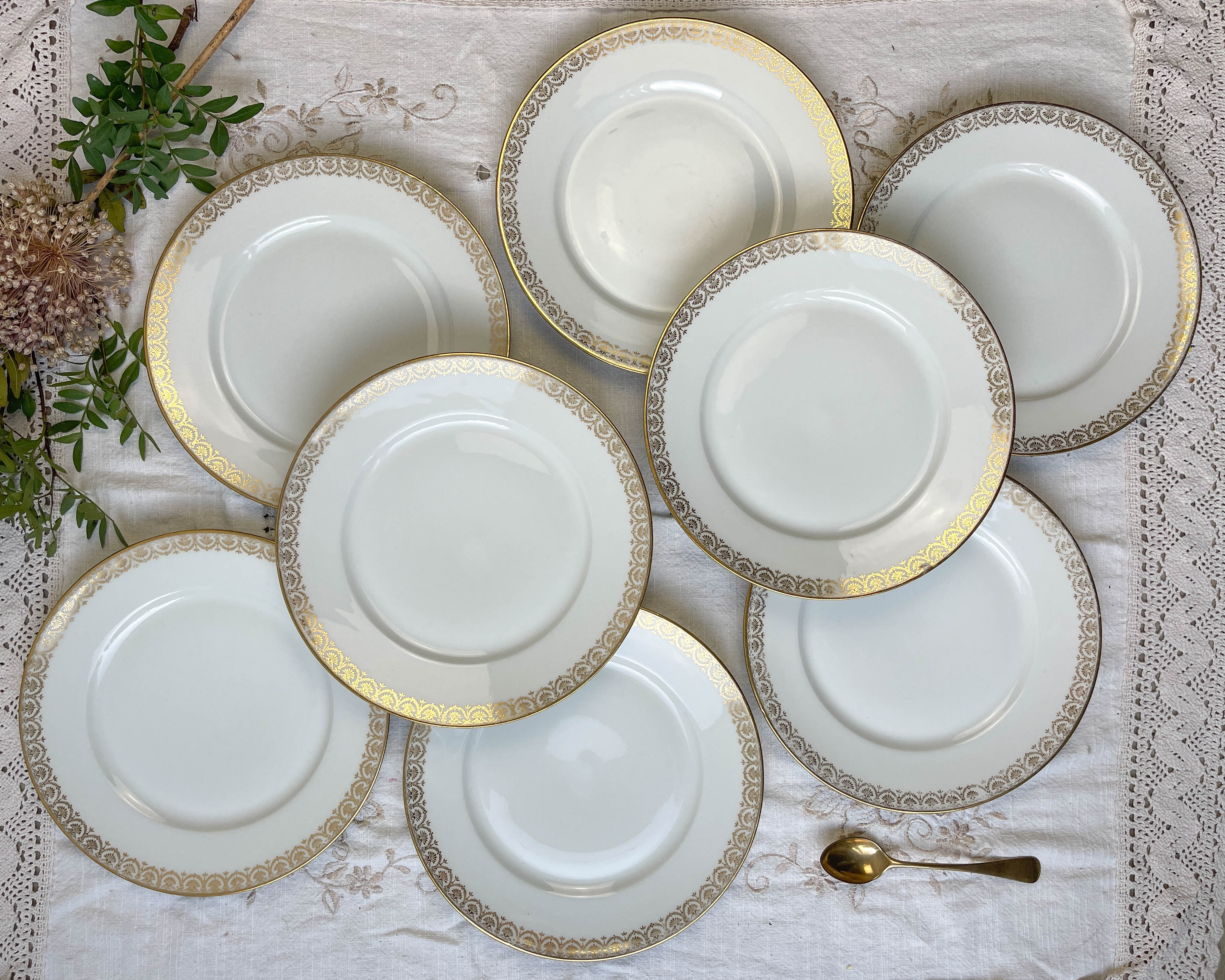 8 porcelain plates limoges w. guerin & cie blanche dorée