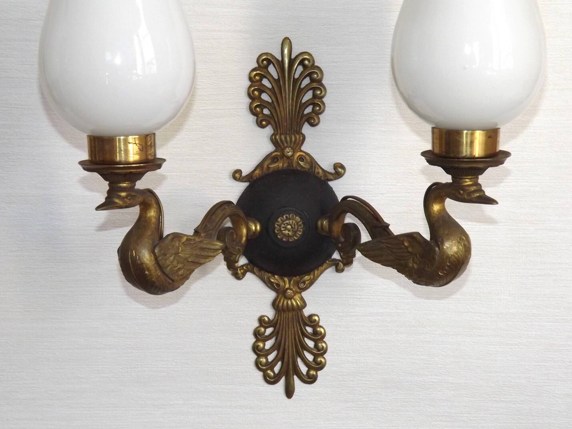 Pair Of Lucien Gau Style Double Swan Wall Lights With Opaque Glass Shades