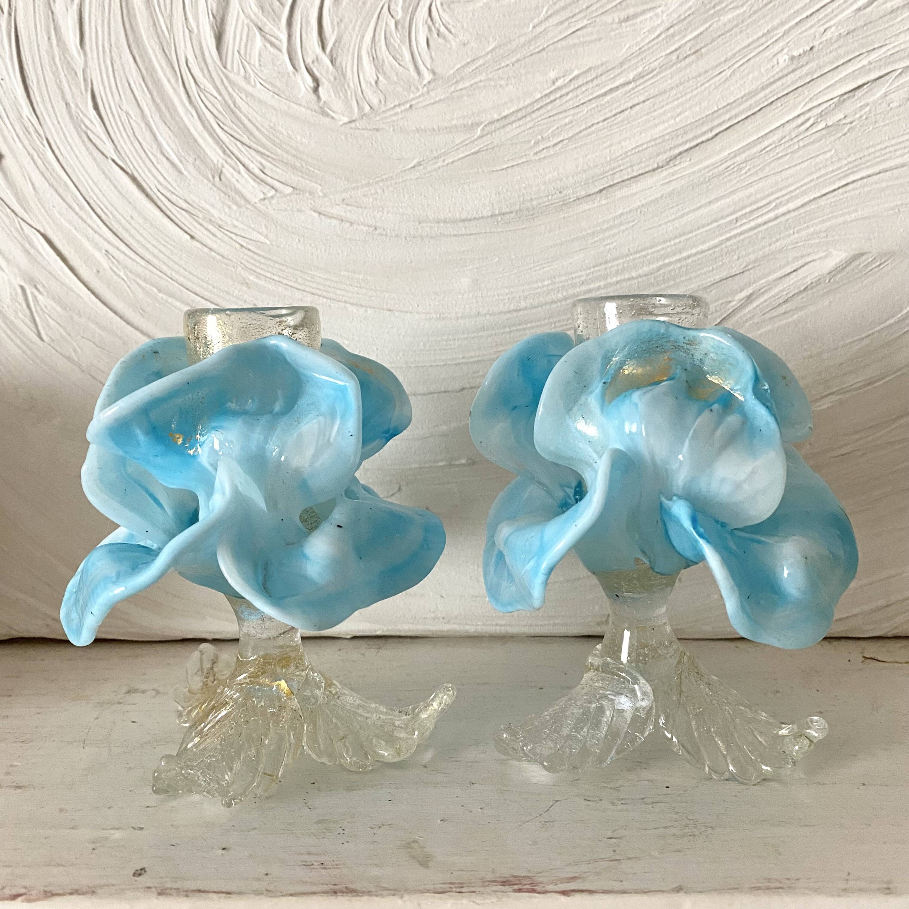 Pair of Murano glass candlesticks, iris flowers, 1960s