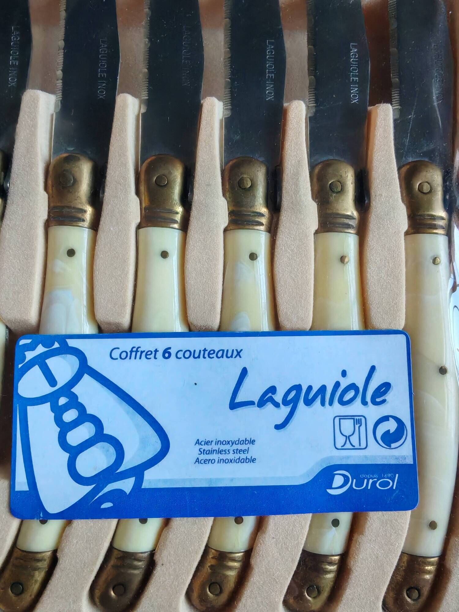 Vintage Box 6 Laguiole Table Knives Ivory Handles Gold Bolsters