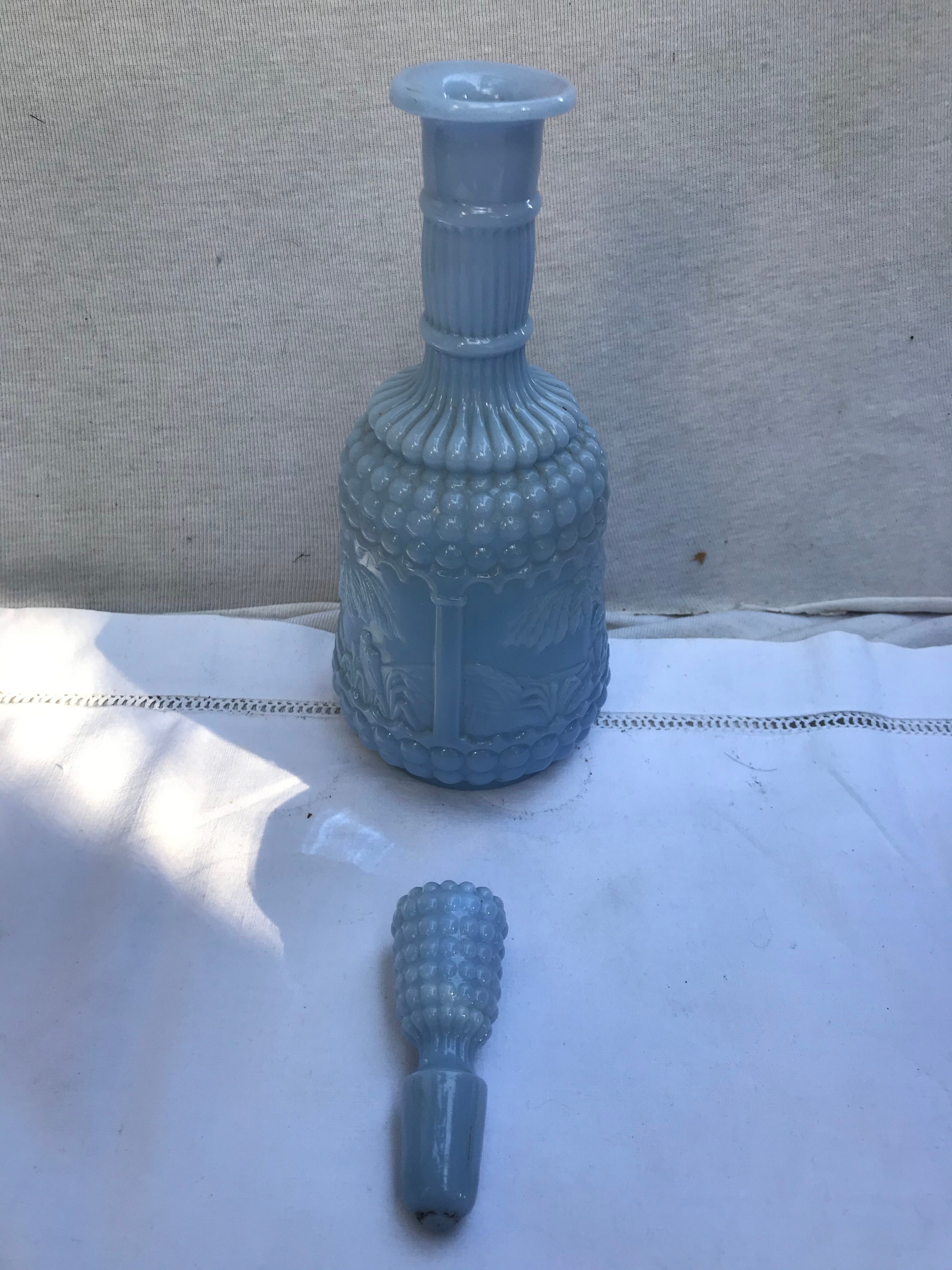 Former Carafe Liqueur Opaline Blue Decor Moulded - Vintage Cave Bouchon