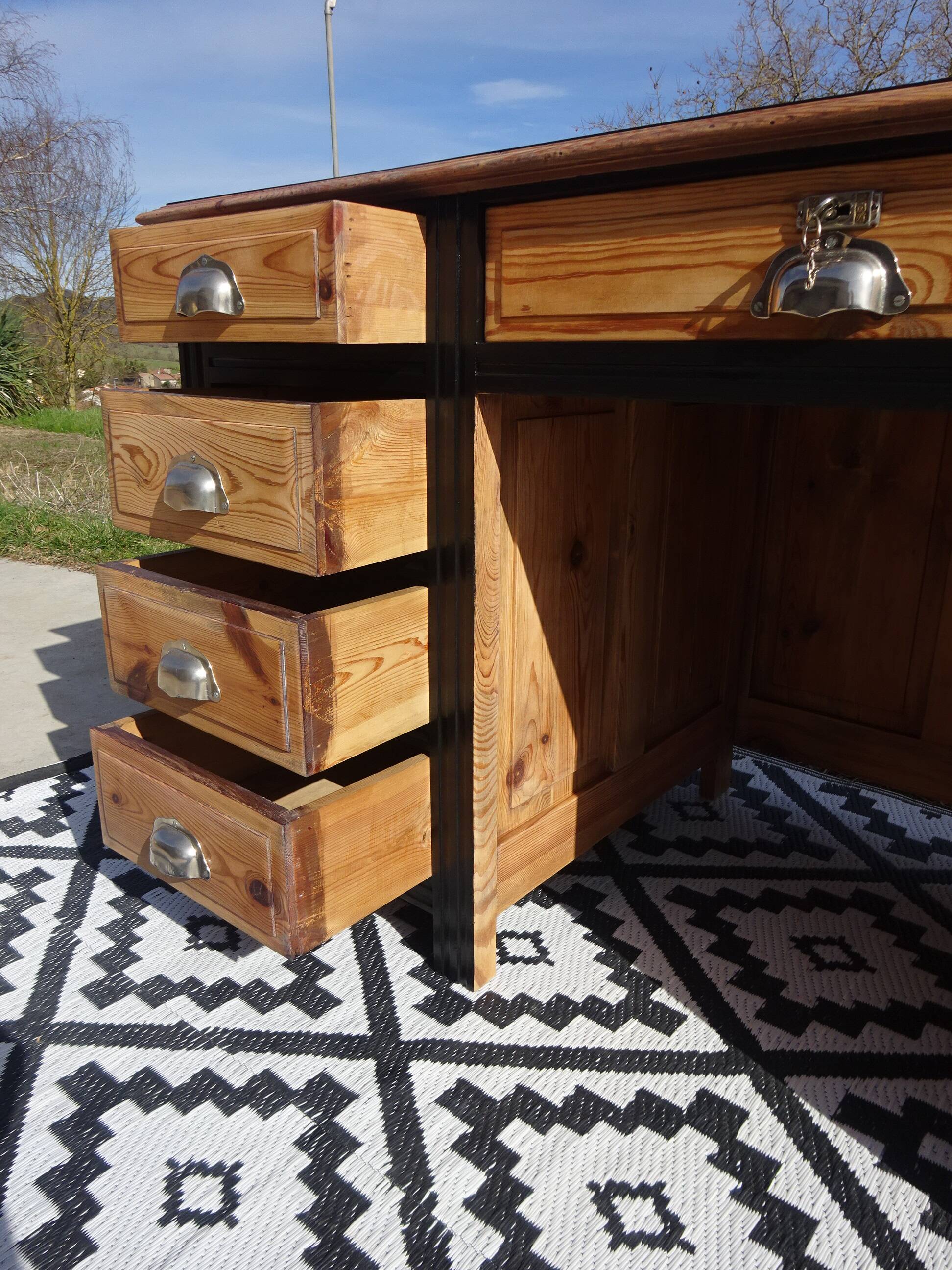 Restored antique pine desk, 9 drawers