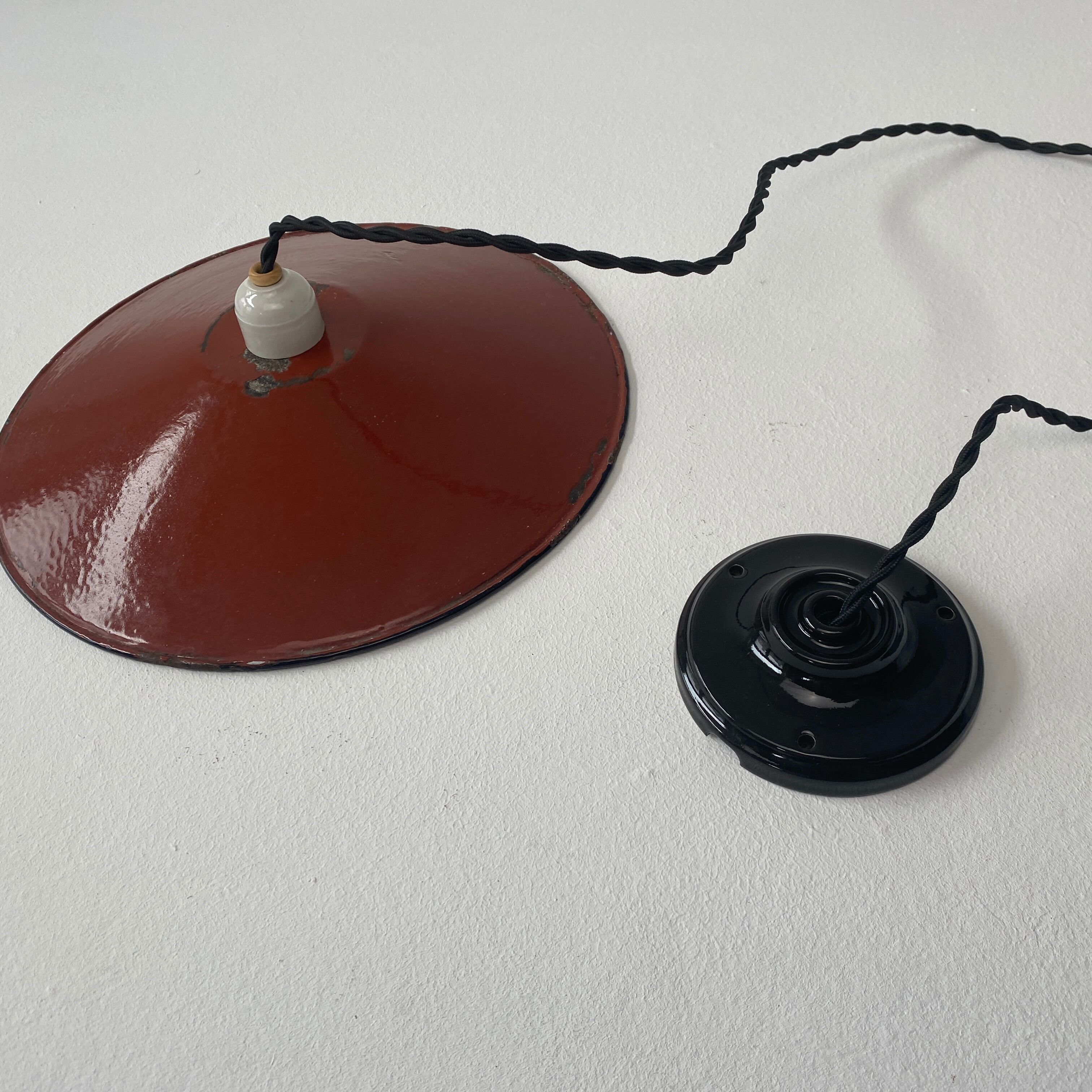 Old red enamelled industrial suspension 30 cm