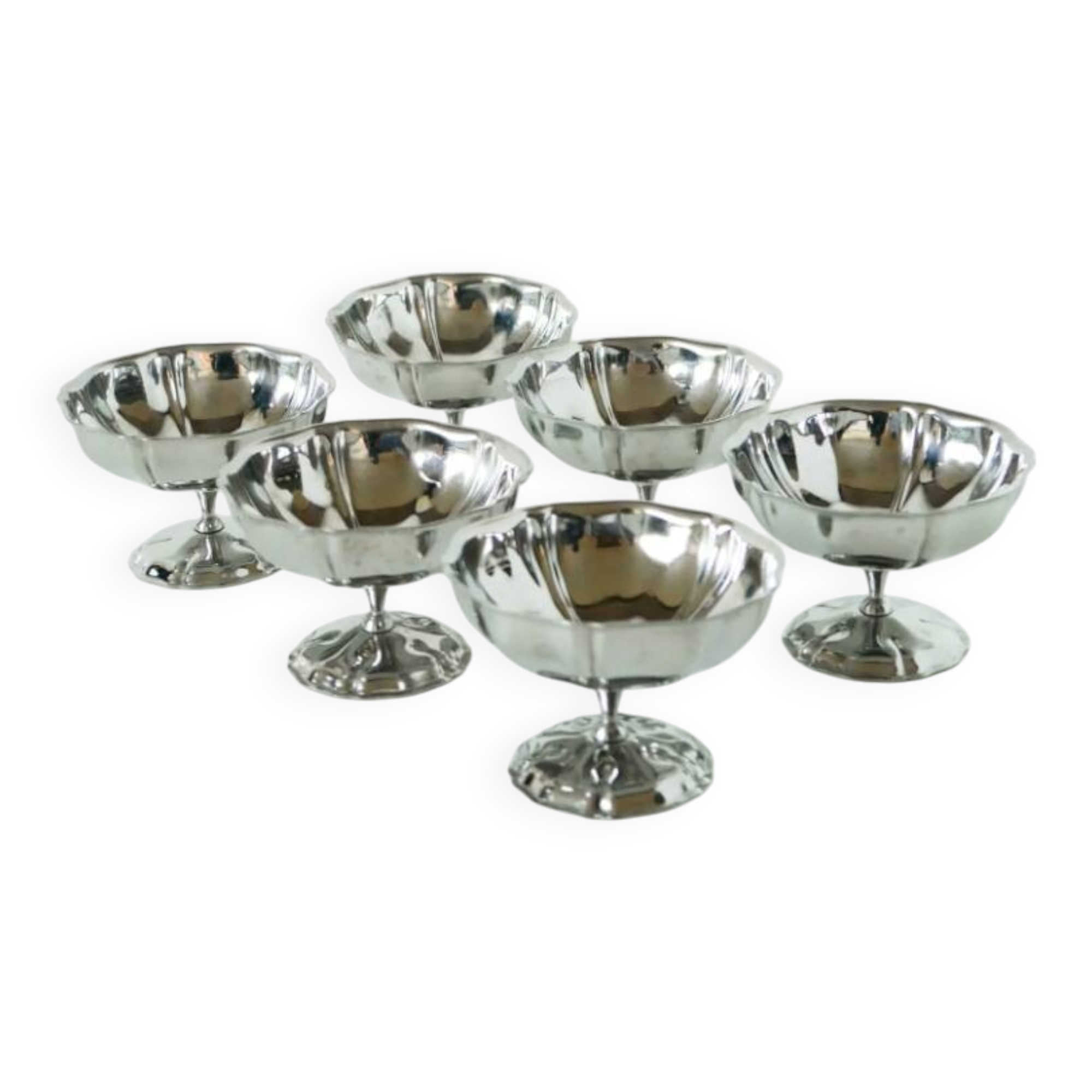 Lot de 6 coupes à glace en inox mi-hautes, pieds fins travaillés, Design, 1