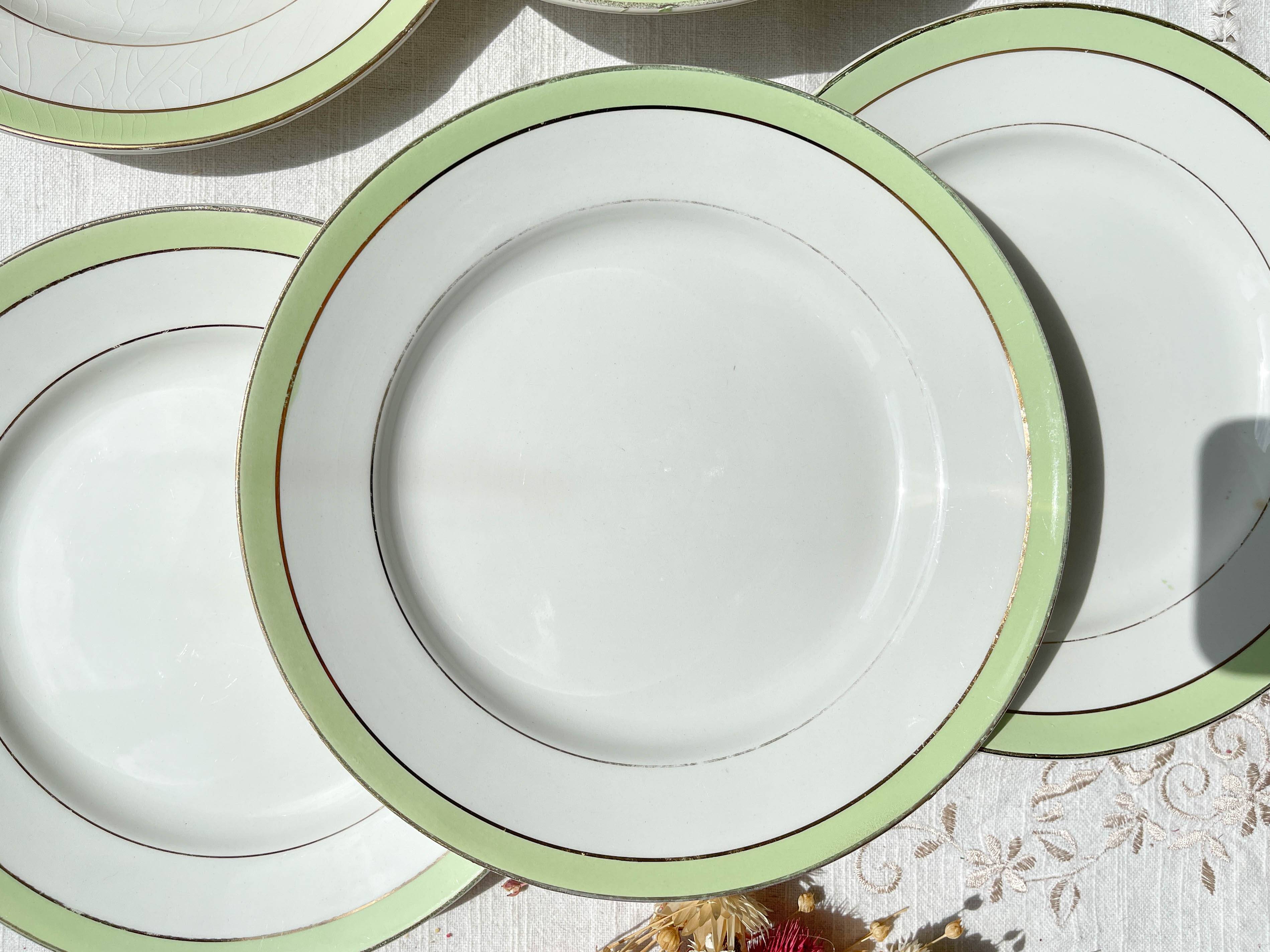 6 Vintage French Orchies "VILLARS" dinner plates 1950 white green gold