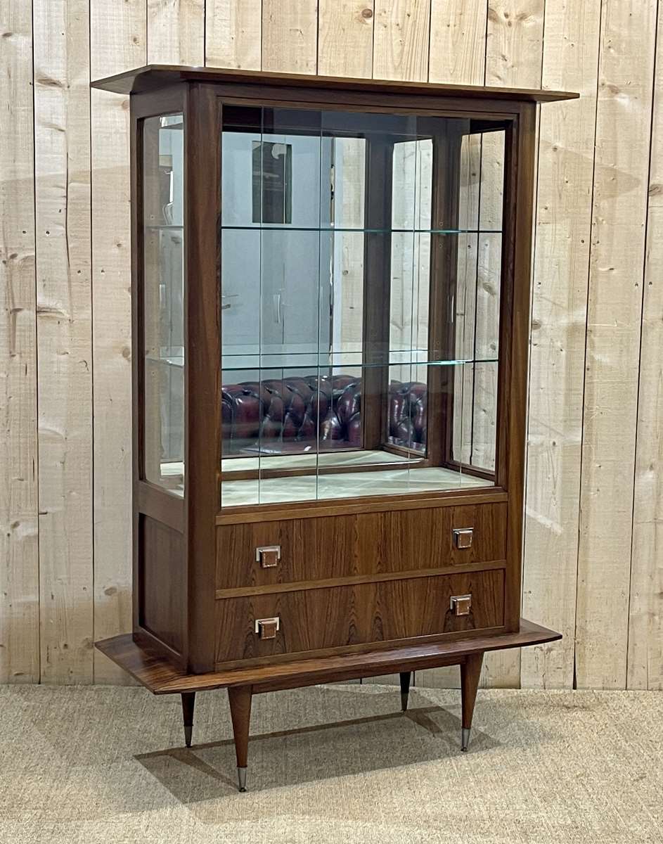 60s showcase in rosewood, mahogany and leather handles