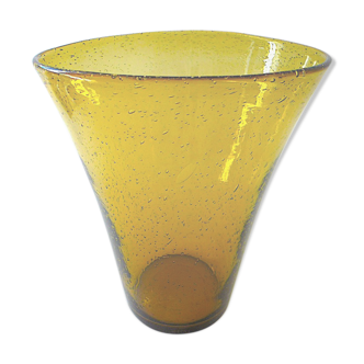 Large flat-bottomed glass vase bubbled by Biot glassware