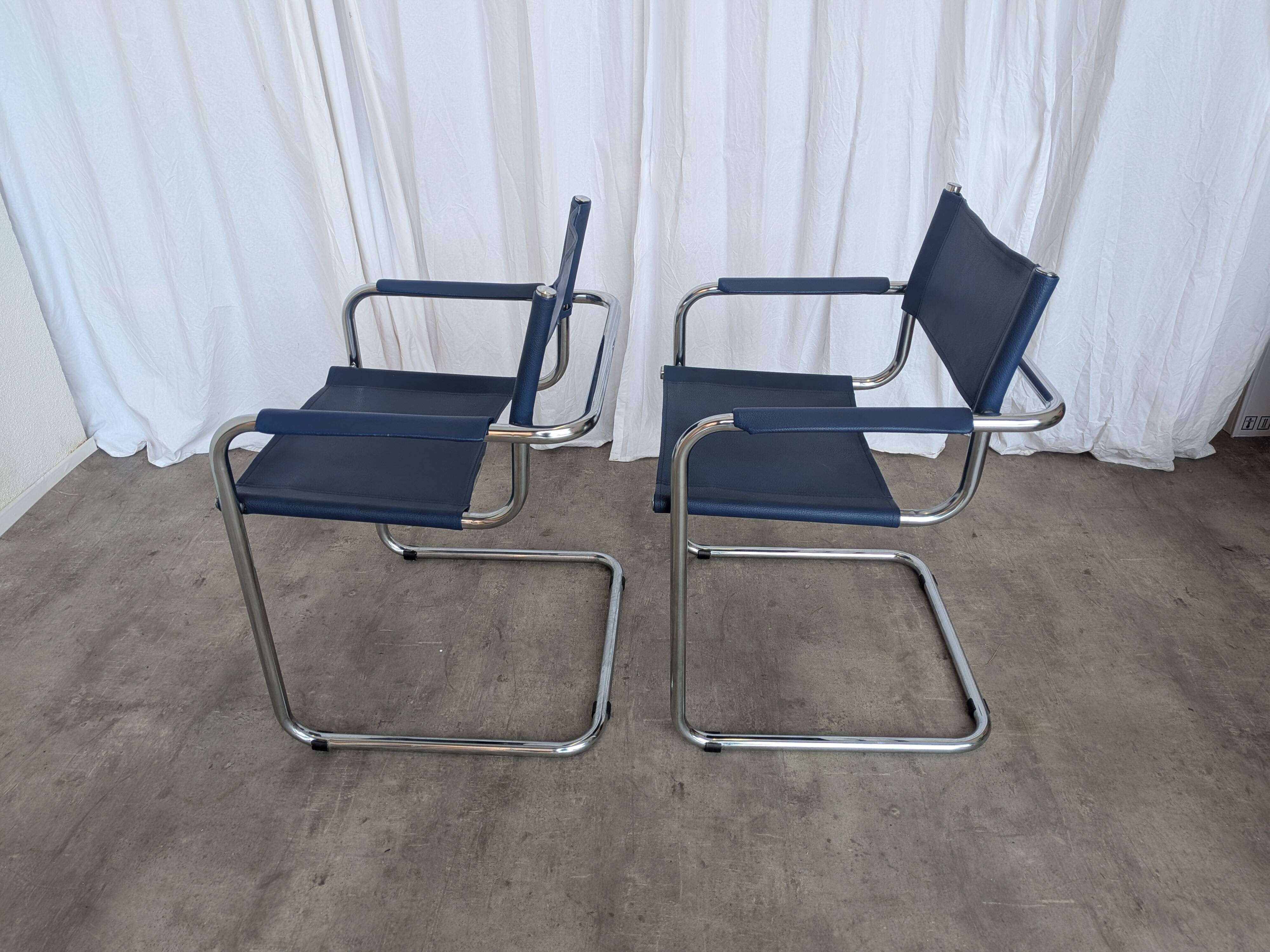 Set of 2 Vintage Mart Stam Style S34 Chair: Blue Leather, Bauhaus Design