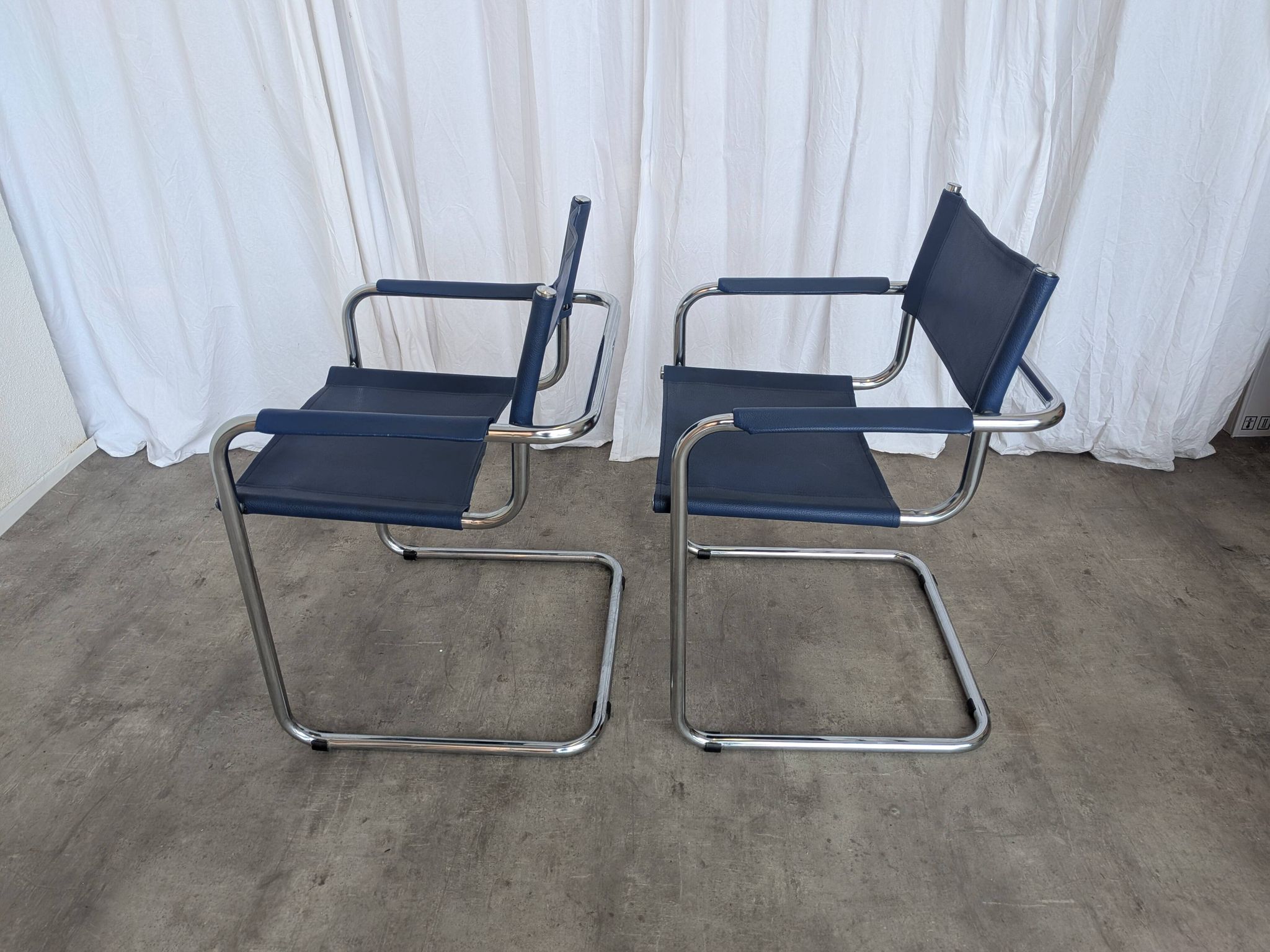 Set of 2 Vintage Mart Stam Style S34 Chair: Blue Leather, Bauhaus Design