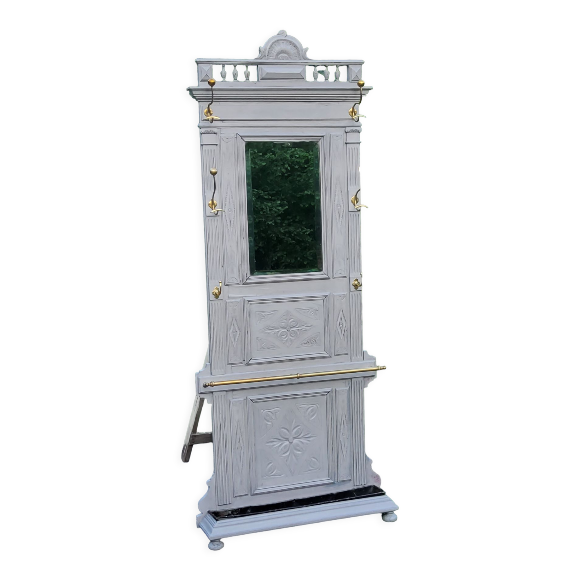 1900s coat rack patina gray mirror brass hooks