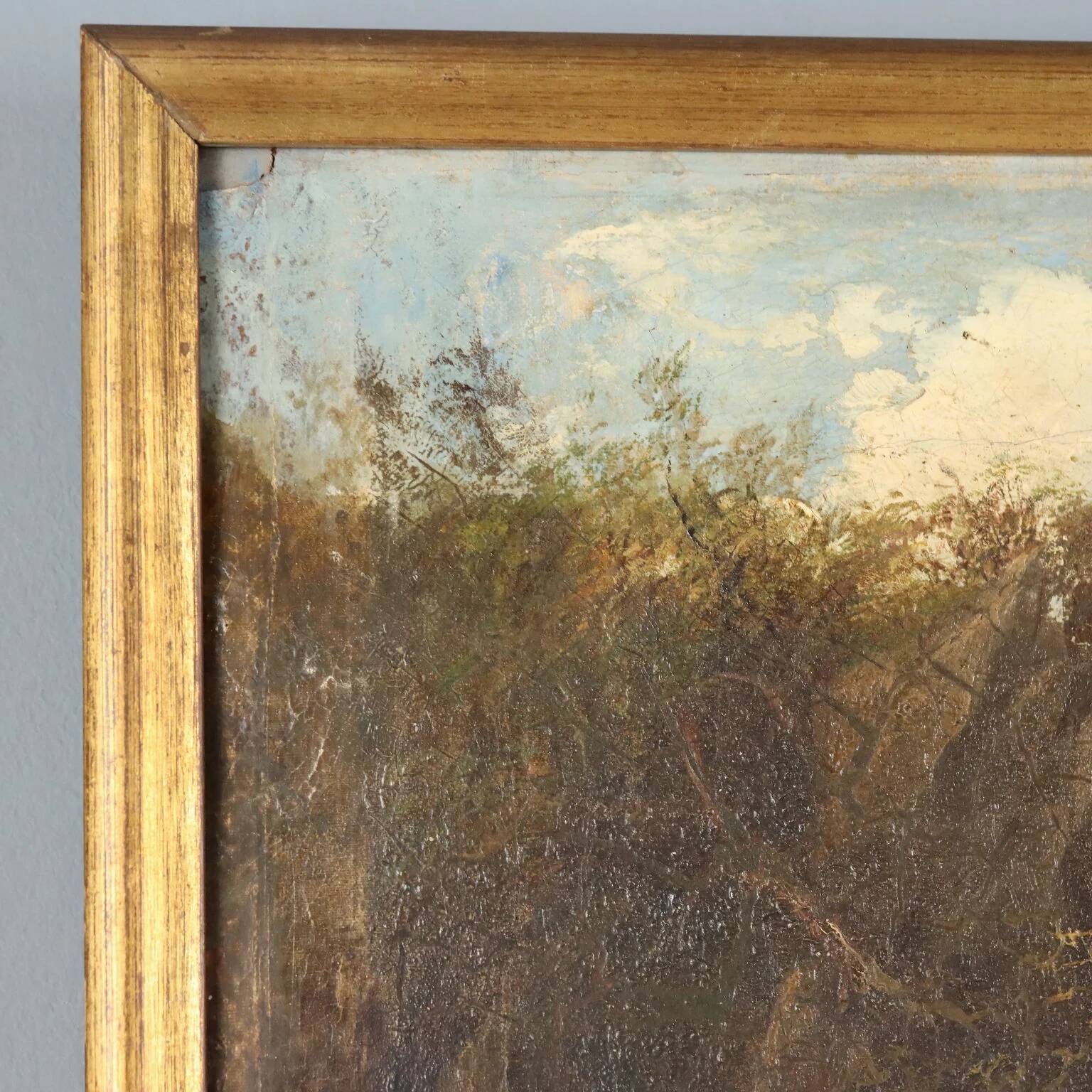 Old painting of a landscape with a river, oil on canvas, 19th century.