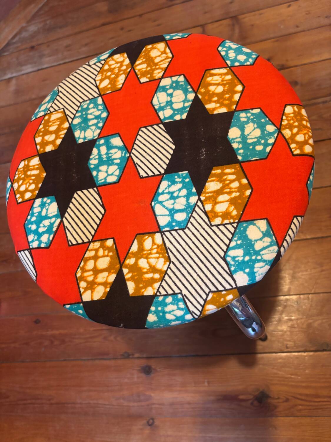 Vintage stool, new wax fabric