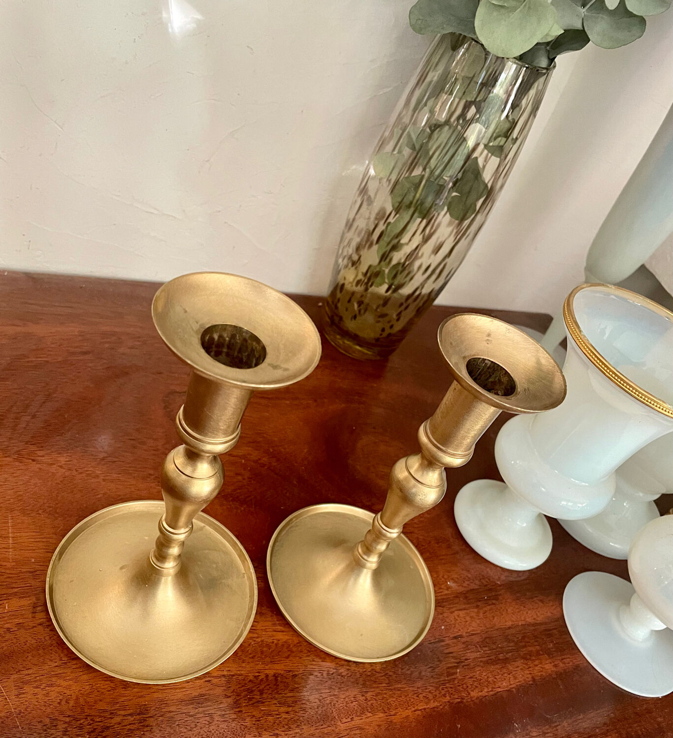 Pair of brushed brass candle holders