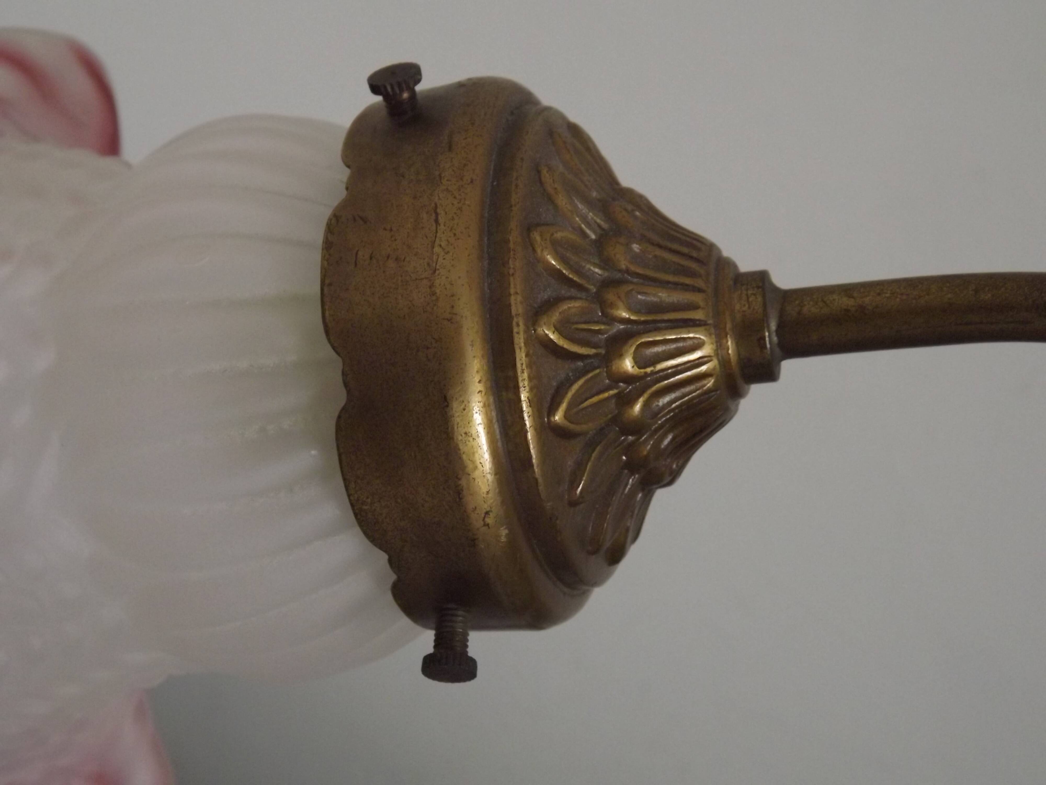 French Art Nouveau Brass Goose Neck Table Lamp White & Pink Glass Shade