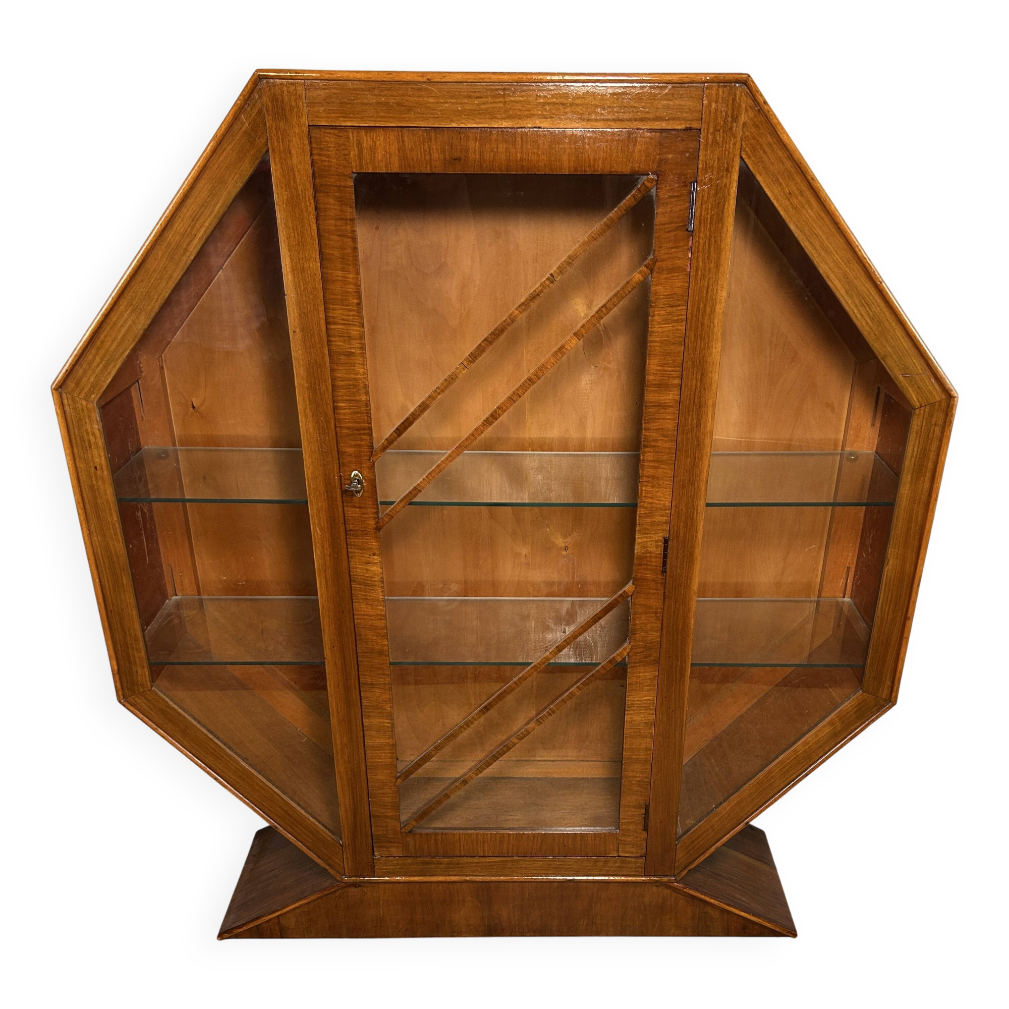 Art Deco Vintage Brocante Walnut Hexagonal Display Cabinet – 1920–1930