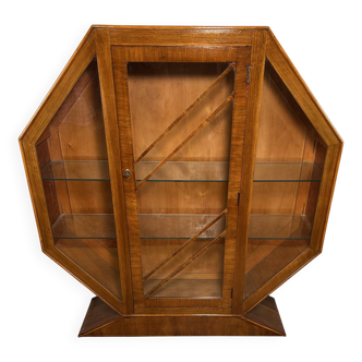 Art Deco Vintage Brocante Walnut Hexagonal Display Cabinet – 1920–1930