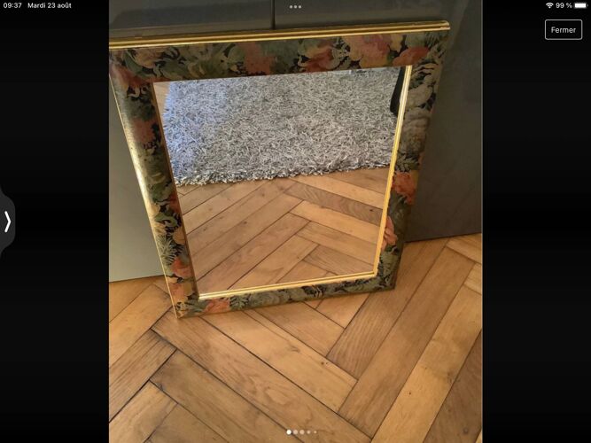 Miroir vintage années 80 rectangulaire cadre bois à motifs fleuris bariques 50x60cm