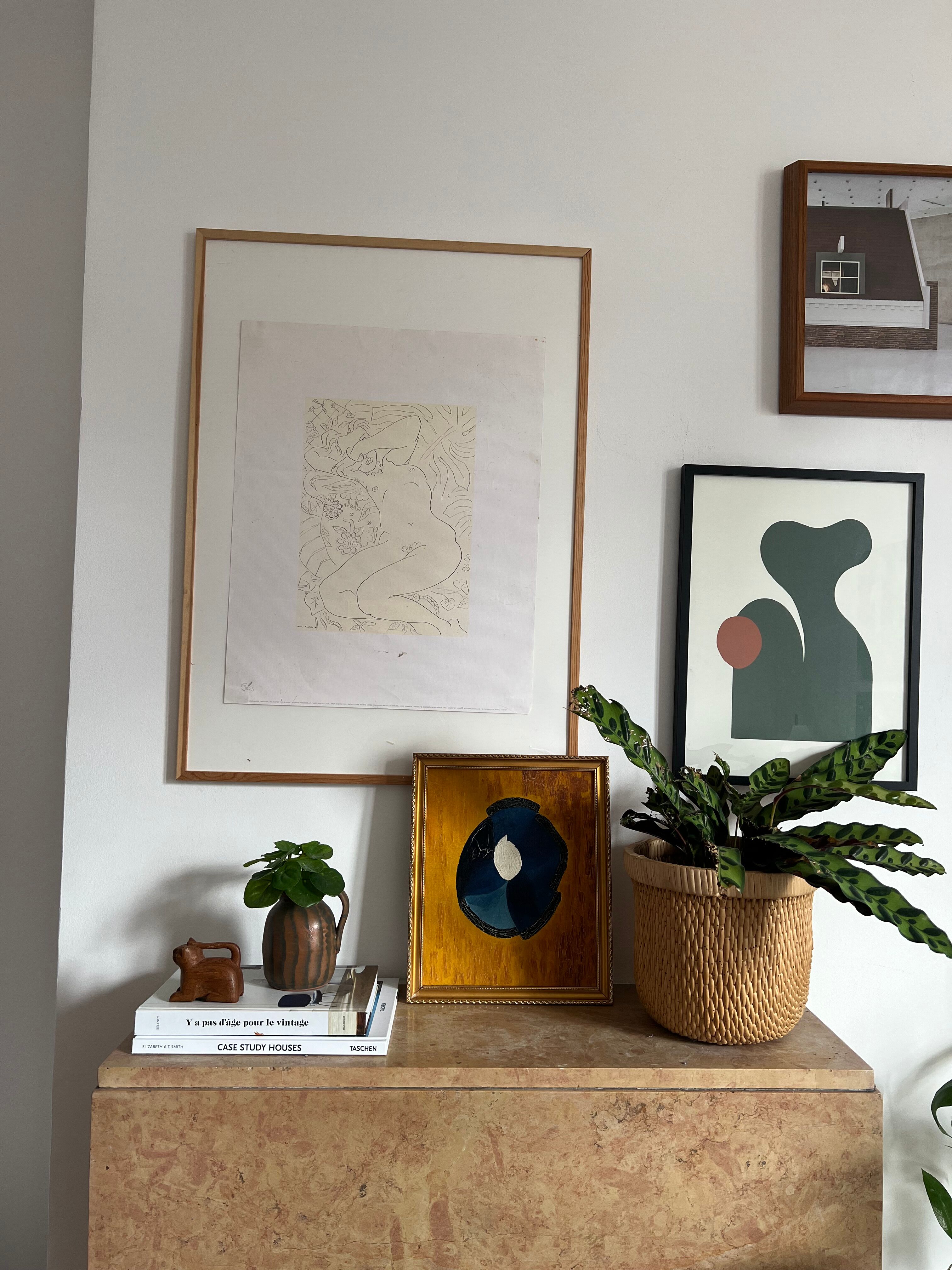 Abstract painting with vintage gilded frame