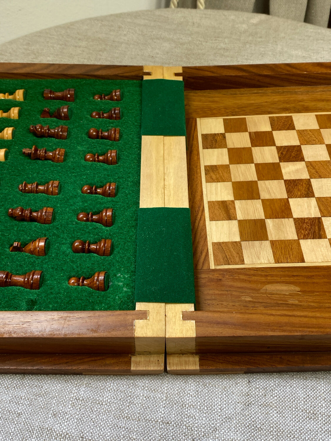 Wooden travel chess set, marquetry board