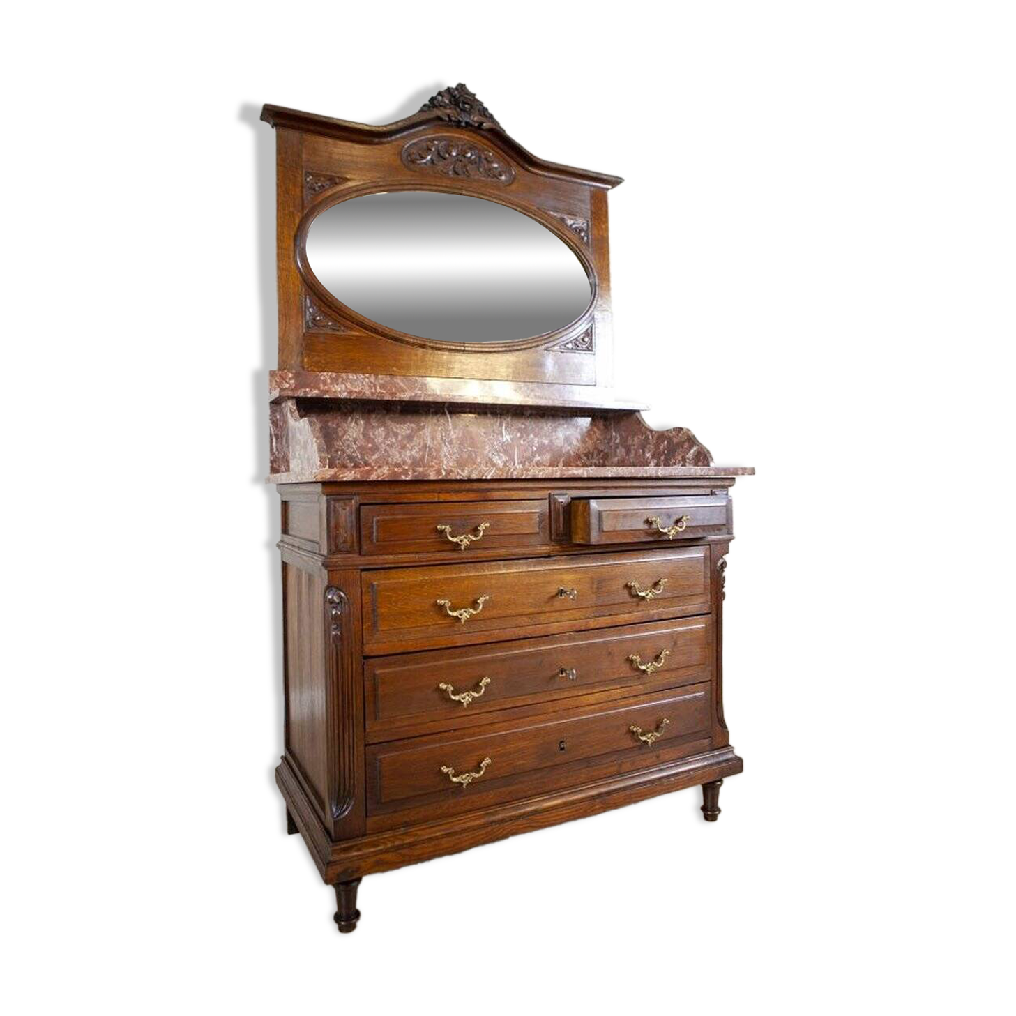 Interwar Walnut Vanity Dresser with Marble Top, 1930s