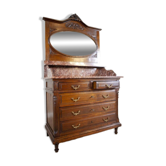 Interwar Walnut Vanity Dresser with Marble Top, 1930s