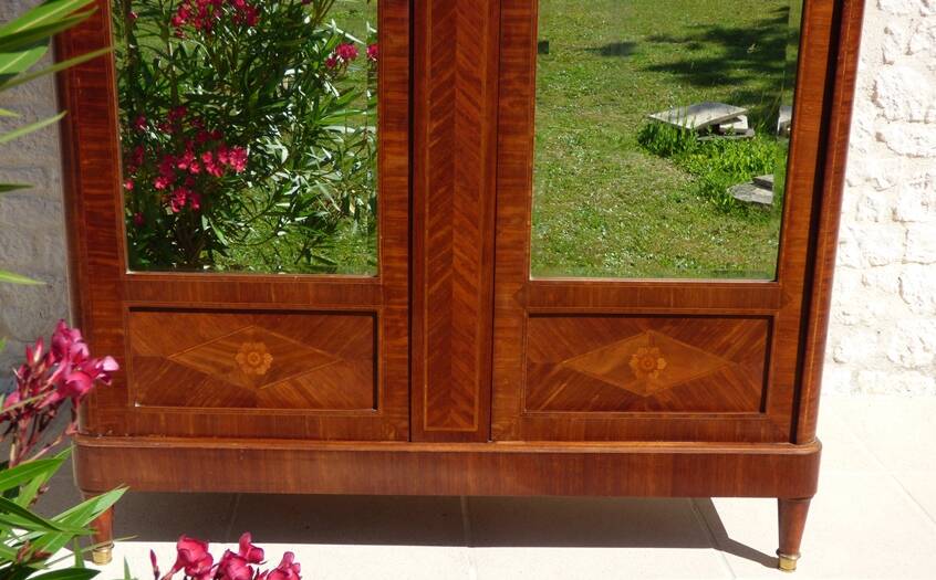 Old wardrobe with marquetry 2 mirror doors