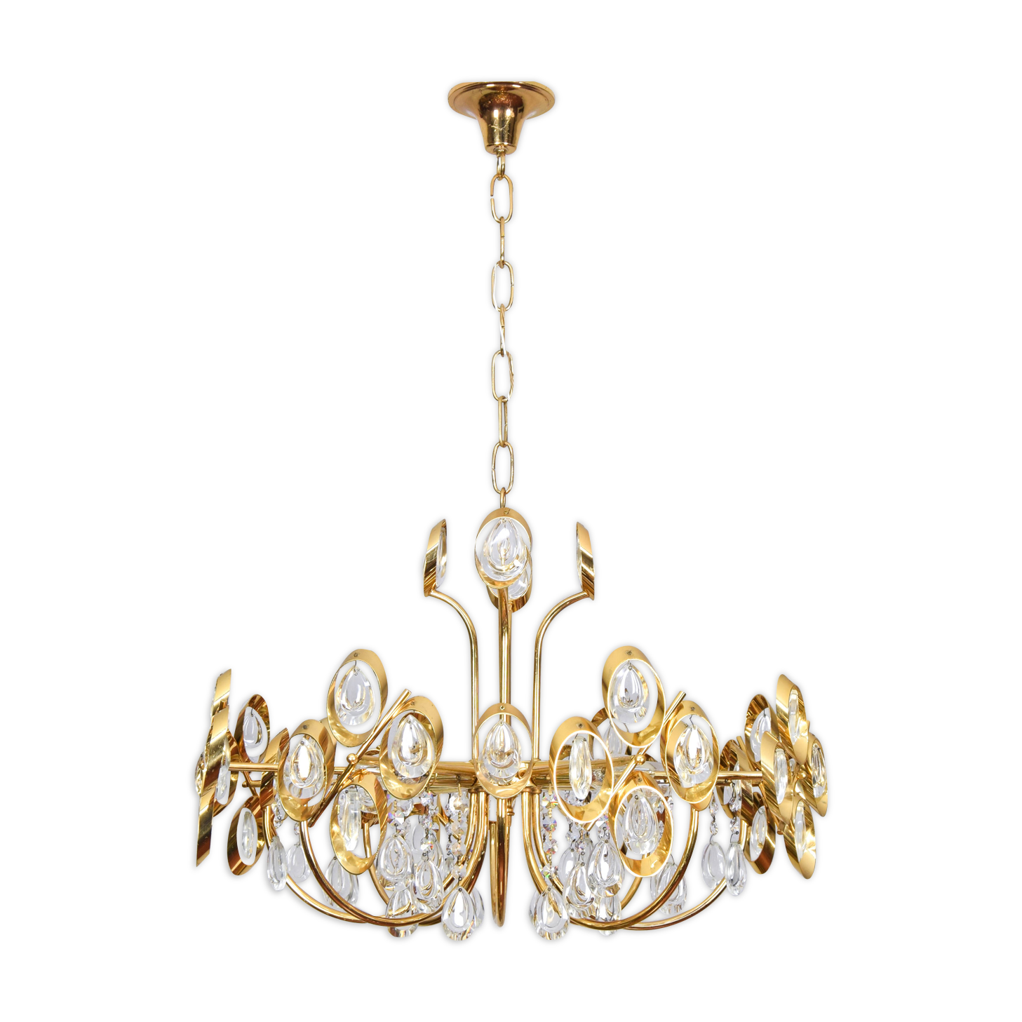 Mid century hollywood regency palwa gilt brass and crystal chandelier